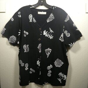 Sarah Bentley Pisces Black & White Short Sleeve Button Up Shirt SZ 1X